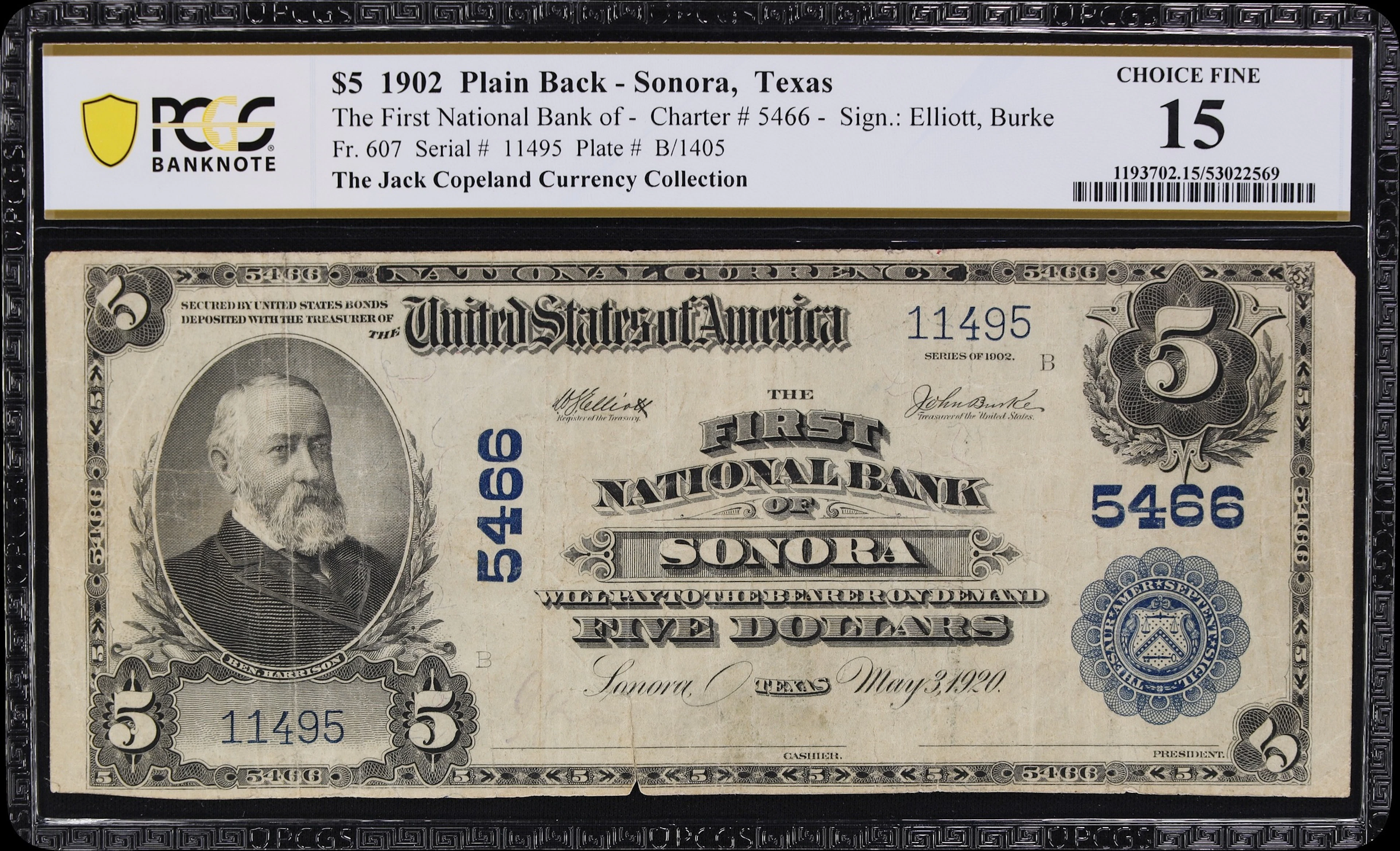 Sonora, Texas. $5 1902 Plain Back. Fr. 607. First NB. Charter #5466.