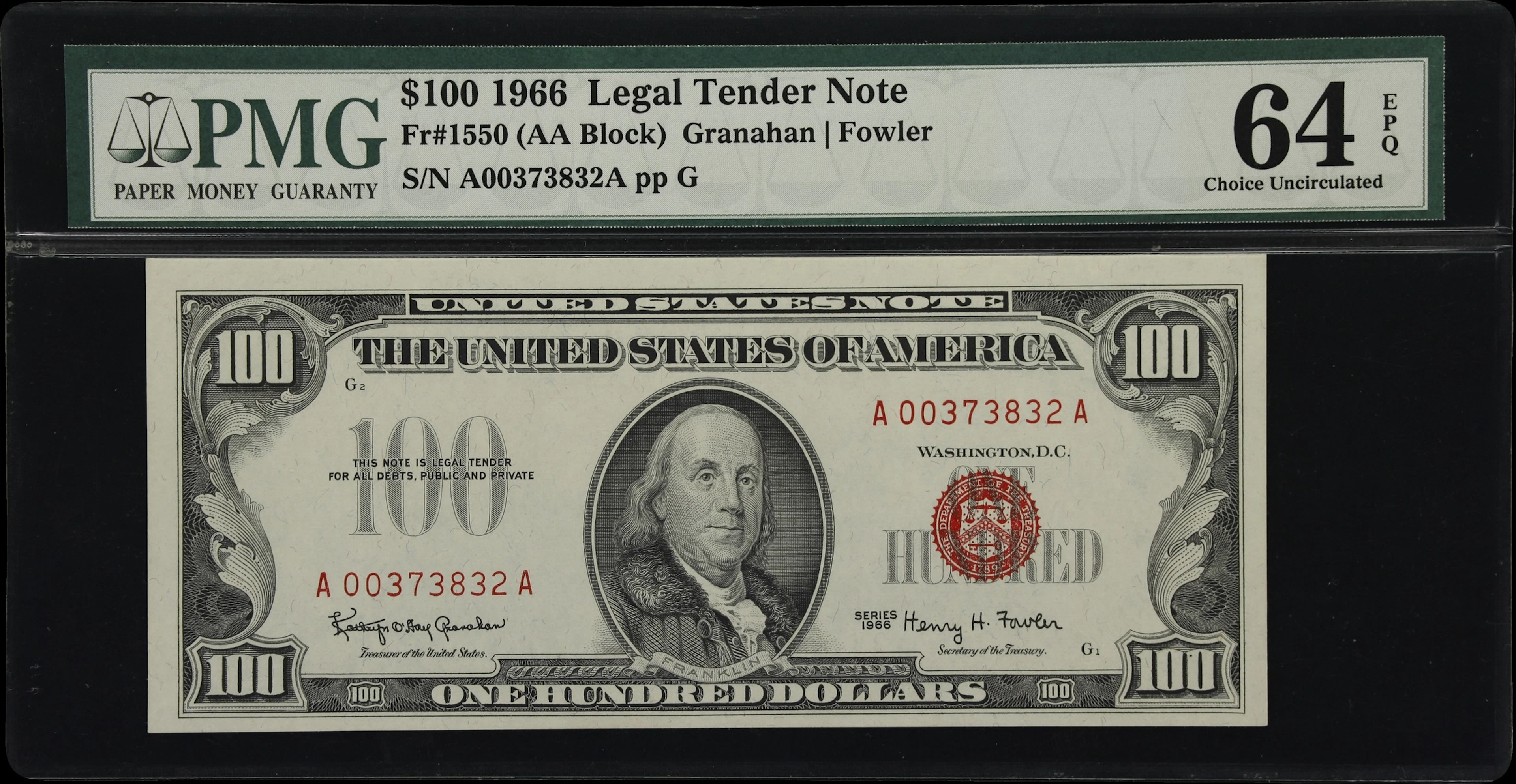 Fr. 1550. 1966 $100 Legal Tender Note. PMG Choice Uncirculated 64 EPQ.