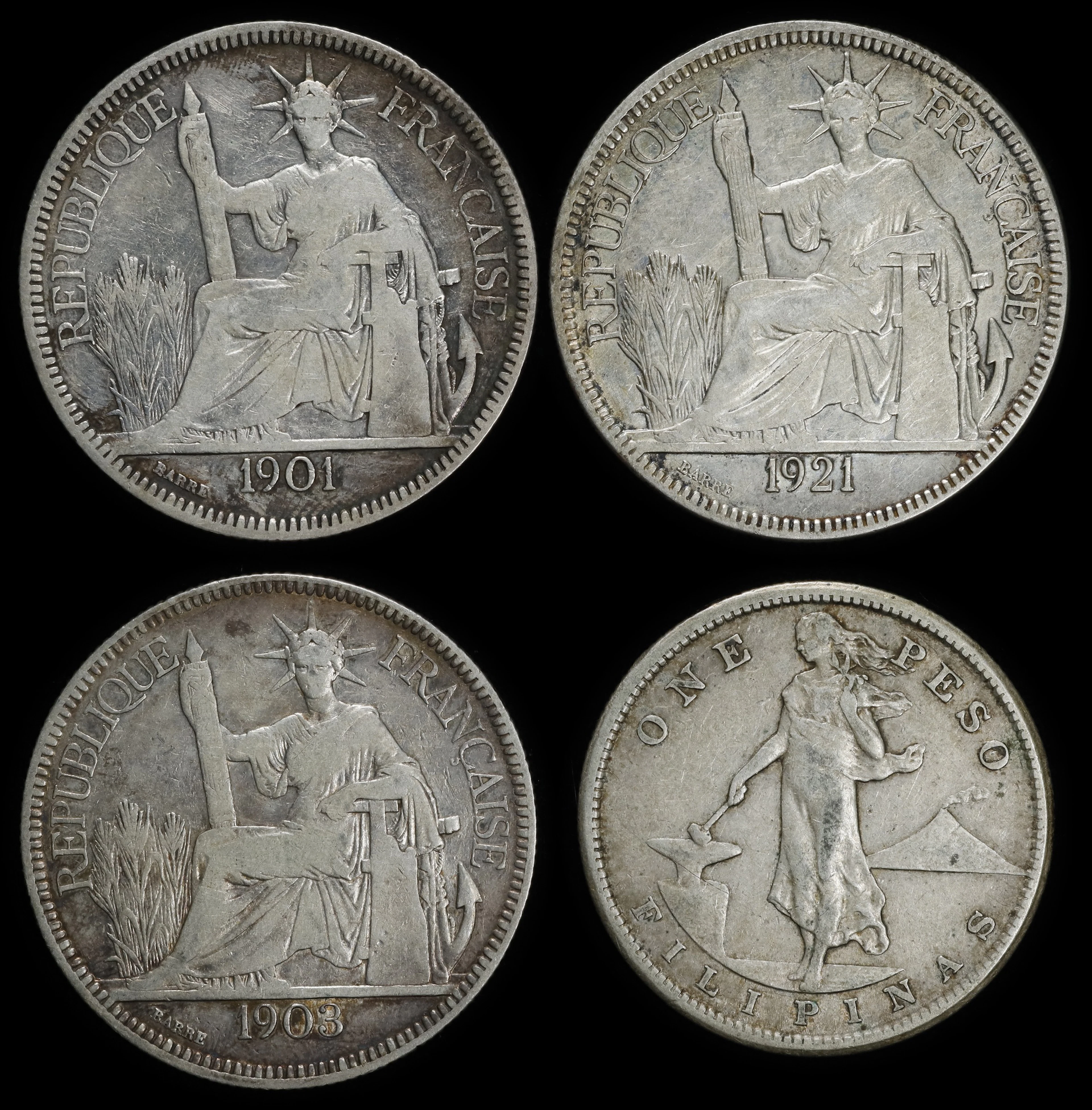 MIXED LOTS. Quartet of Peso and Piastres (4 Pieces), 1901-21.