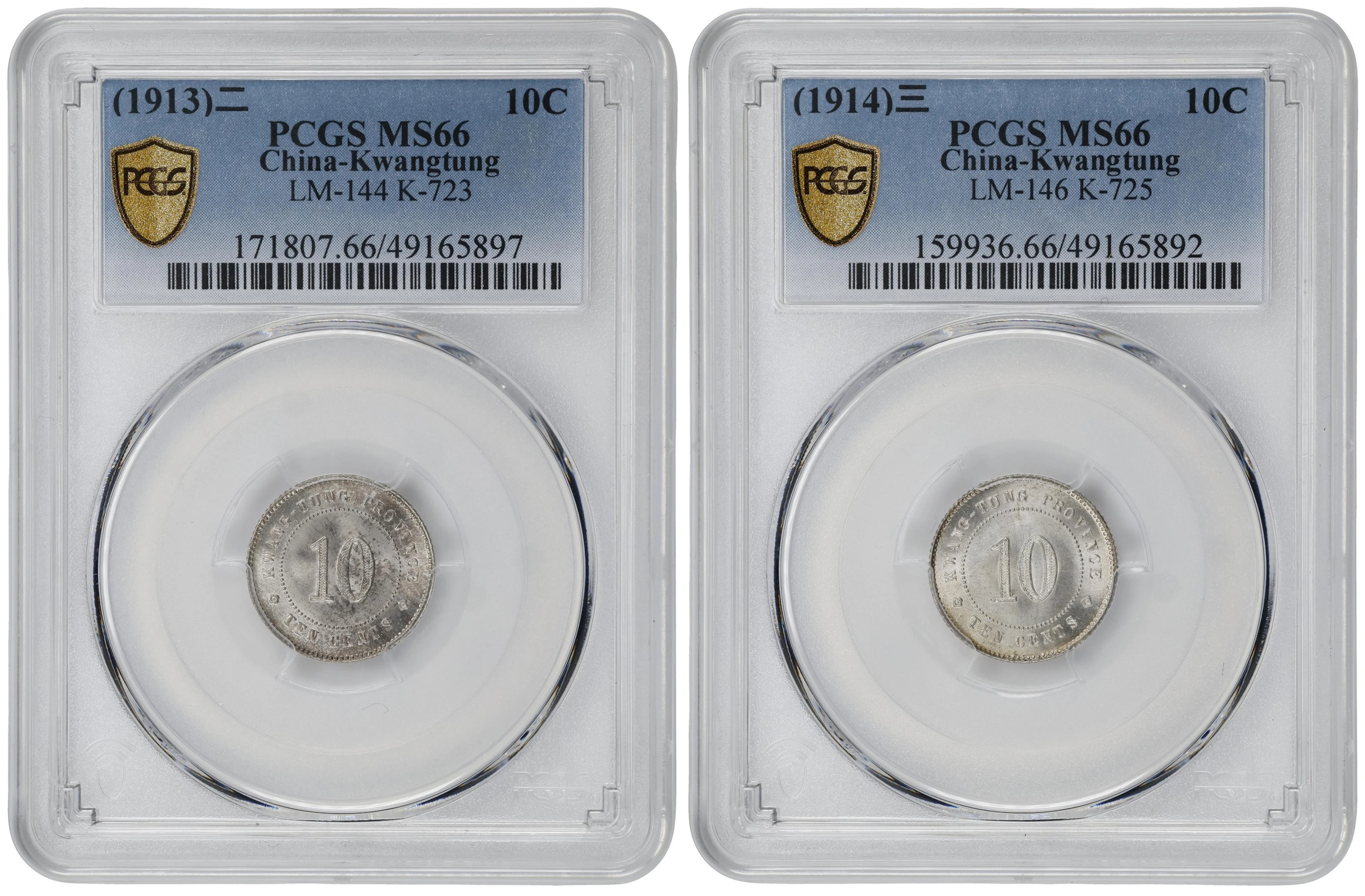 (t) CHINA. Kwangtung. Duo of 10 Cents (2 Pieces), 1913 & 1914. Kwangtung