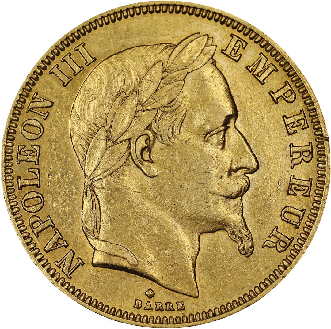 (0.467 oz, 14.526 g AGW). France. 1862-BB Gold 50 Francs.