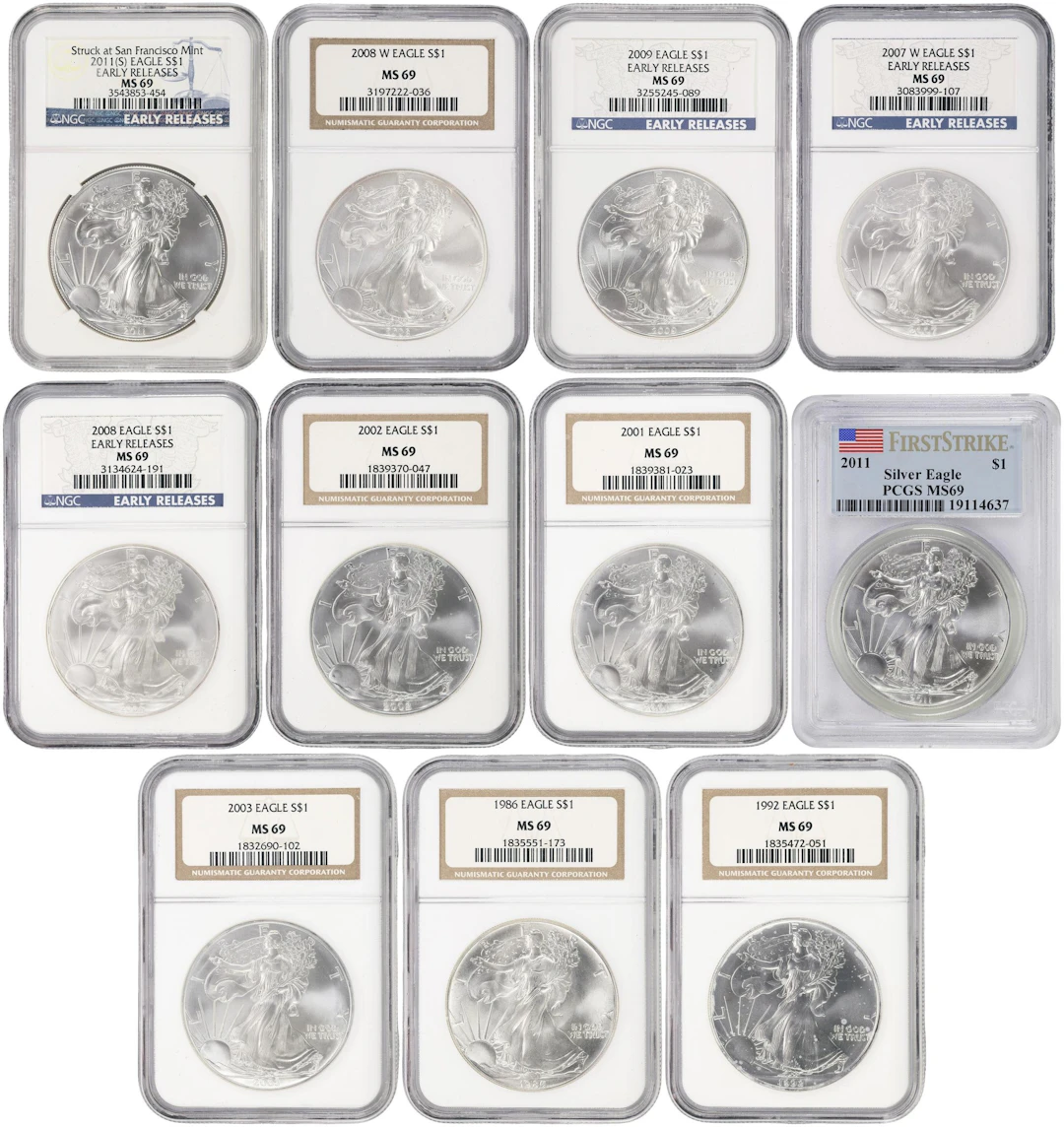 (11 oz, 342.144 g ASW). Lot of (11) Mixed Date American Silver Eagles.
