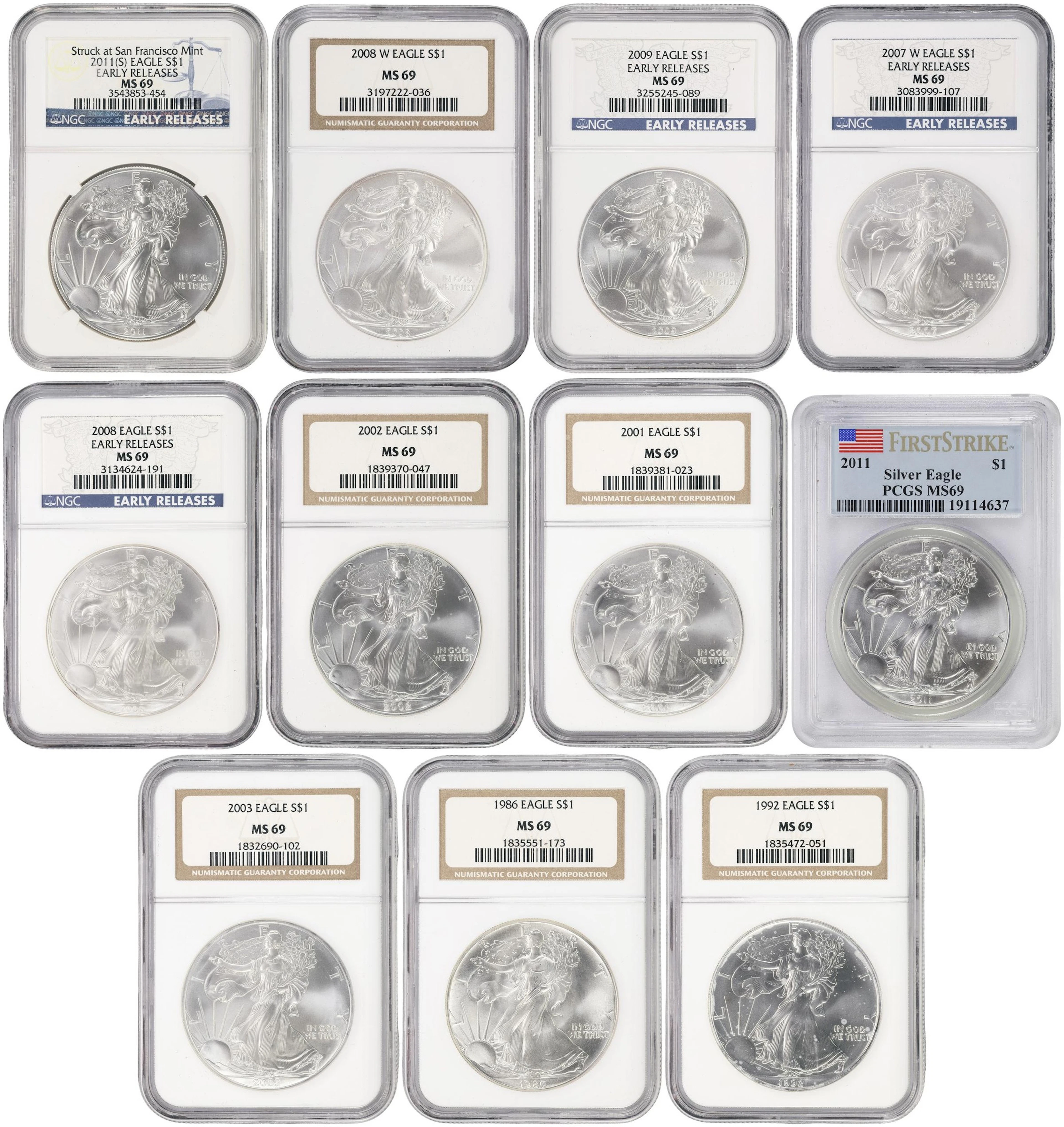 (11 oz, 342.144 g ASW). Lot of (11) Mixed Date American Silver Eagles.