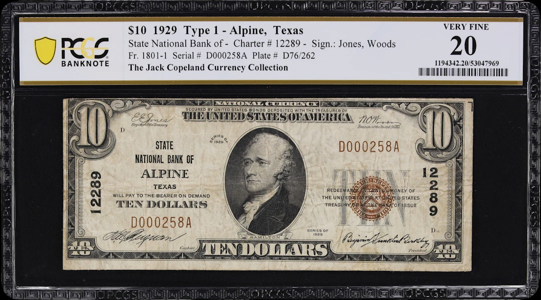 Alpine, Texas. $10 1929 Ty. 1. Fr. 1801-1. State NB. Charter #12289.