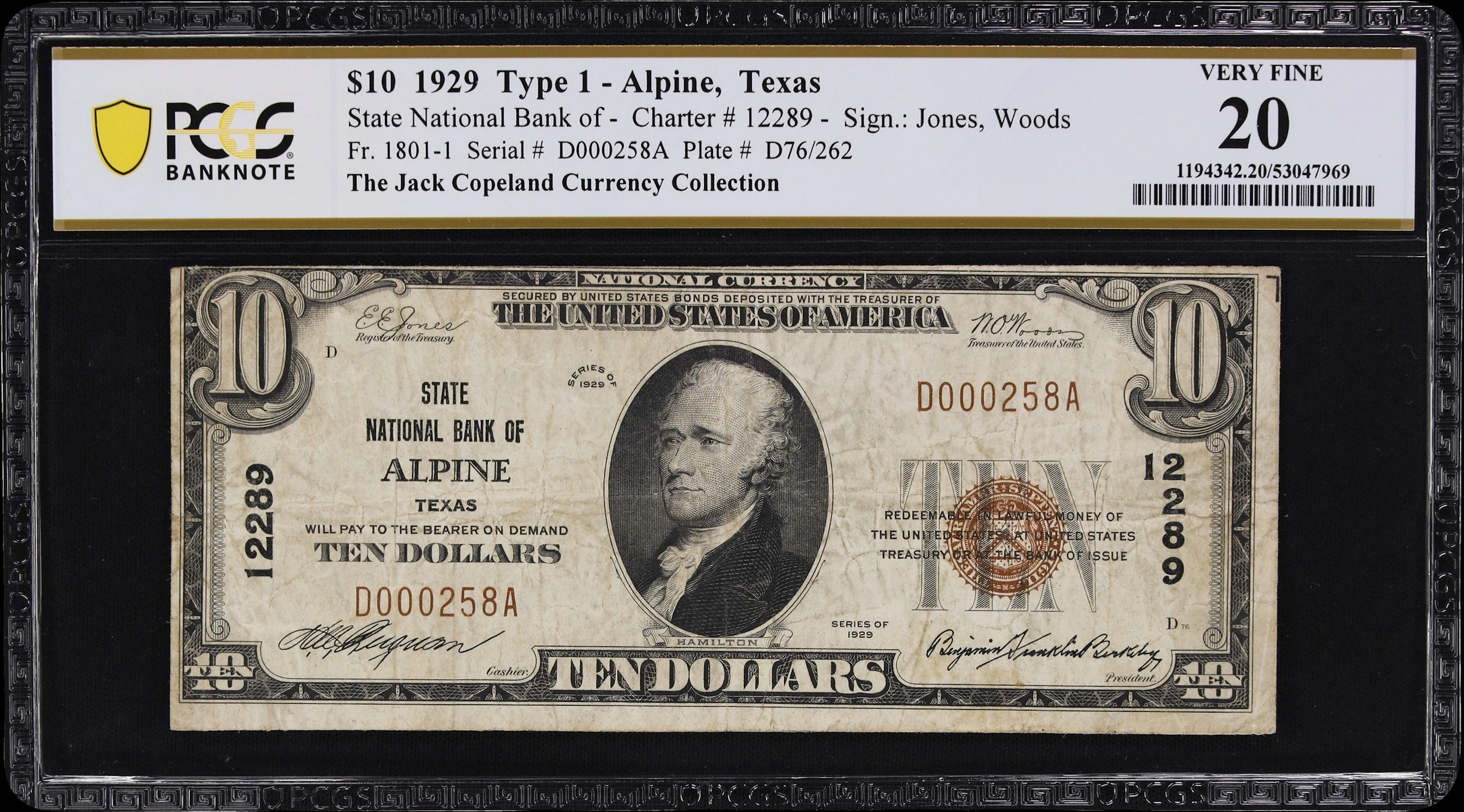 Alpine, Texas. $10 1929 Ty. 1. Fr. 1801-1. State NB. Charter #12289.
