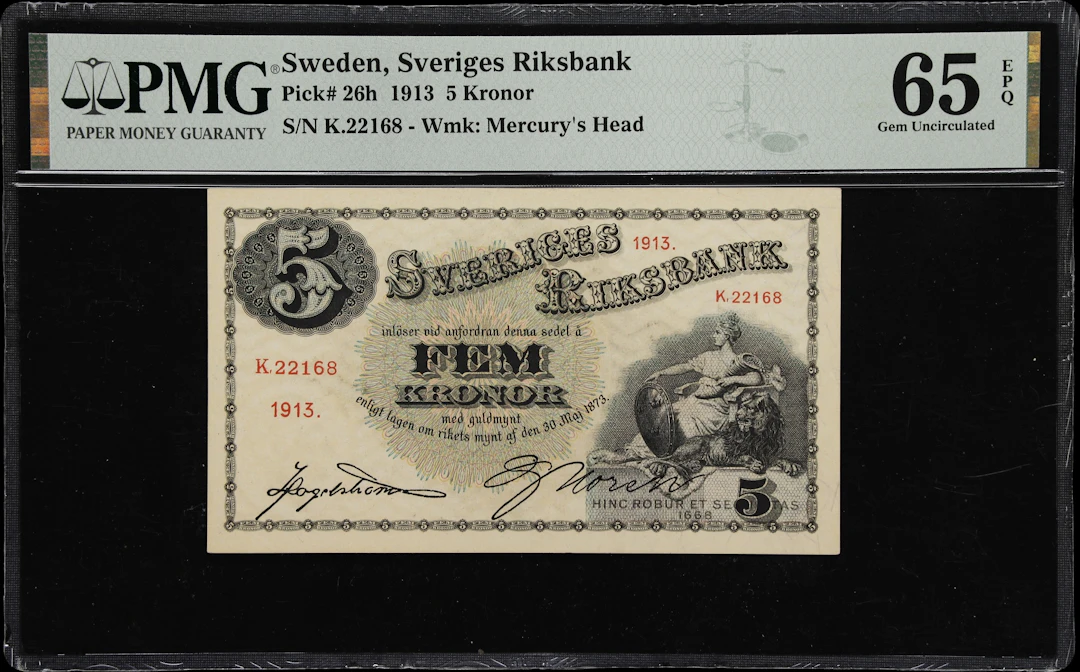 (◊) SWEDEN. Sveriges Riksbank. 5 Kronor, 1913. P-26h. PMG Gem Uncirculated