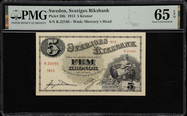 (◊) SWEDEN. Sveriges Riksbank. 5 Kronor, 1913. P-26h. PMG Gem Uncirculated