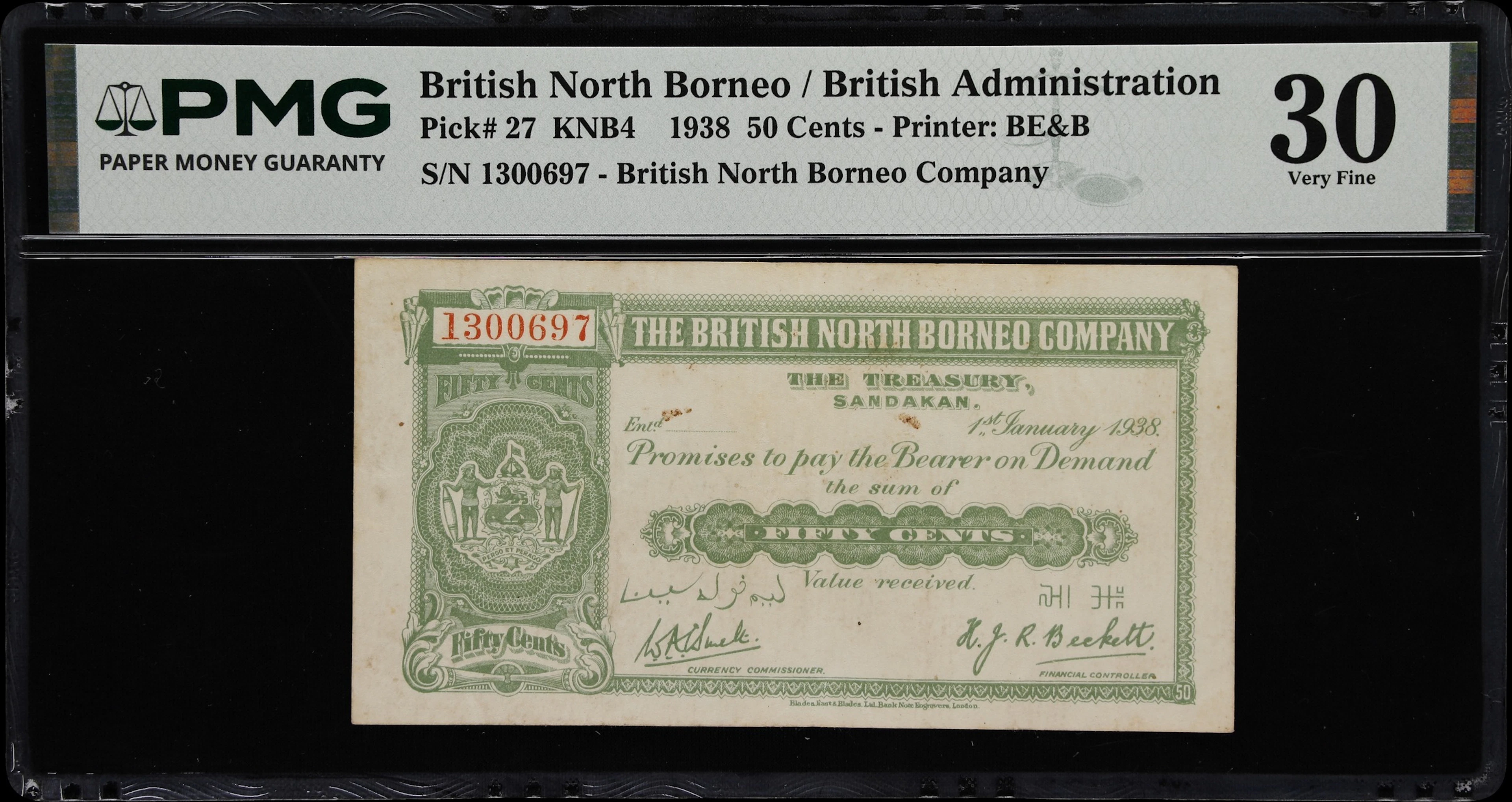 BRITISH NORTH BORNEO. British North Borneo Company. 50 Cents, 1.1.1938.