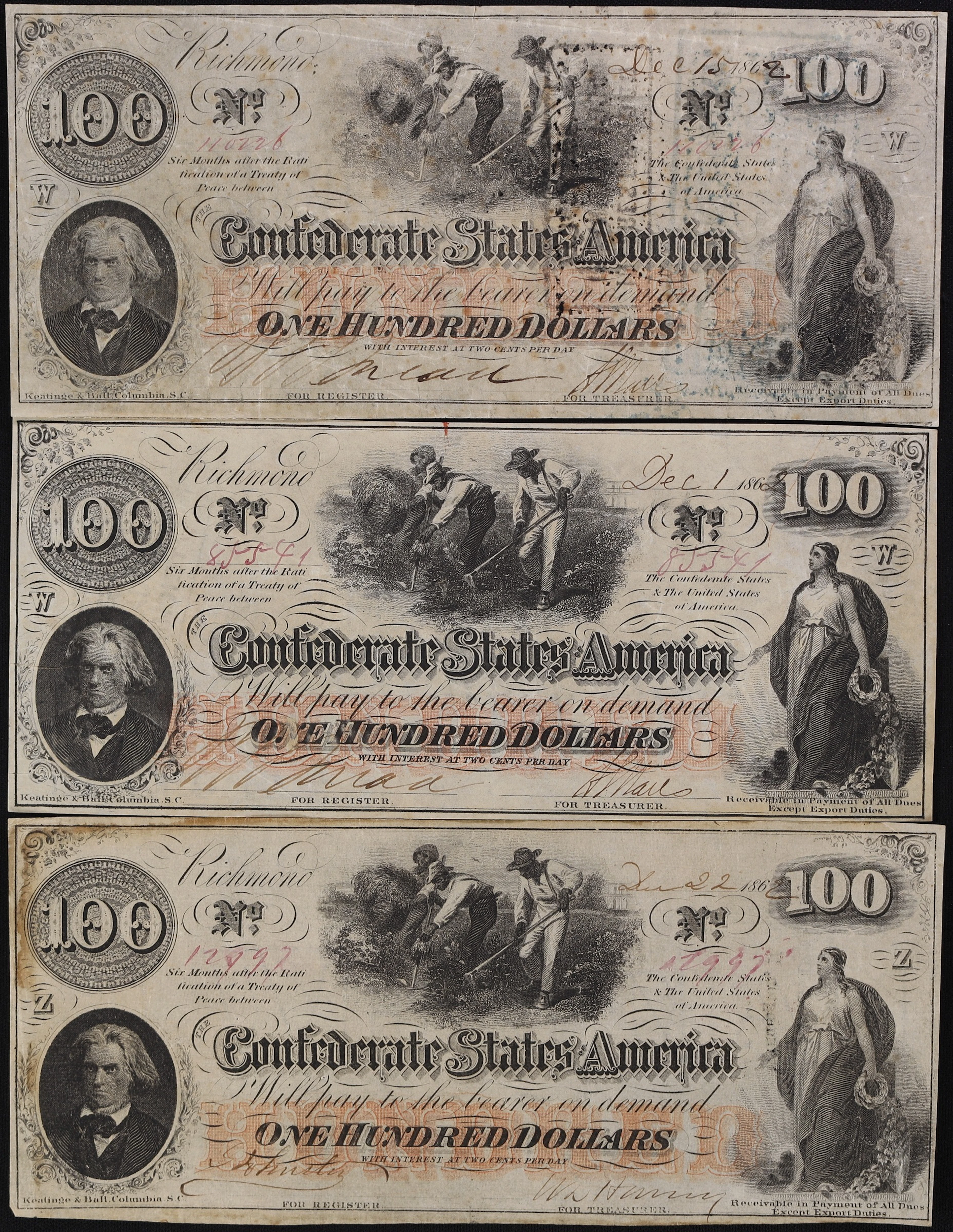 Lot of (3) T-41. Confederate Currency. 1862 $100. Very Fine.