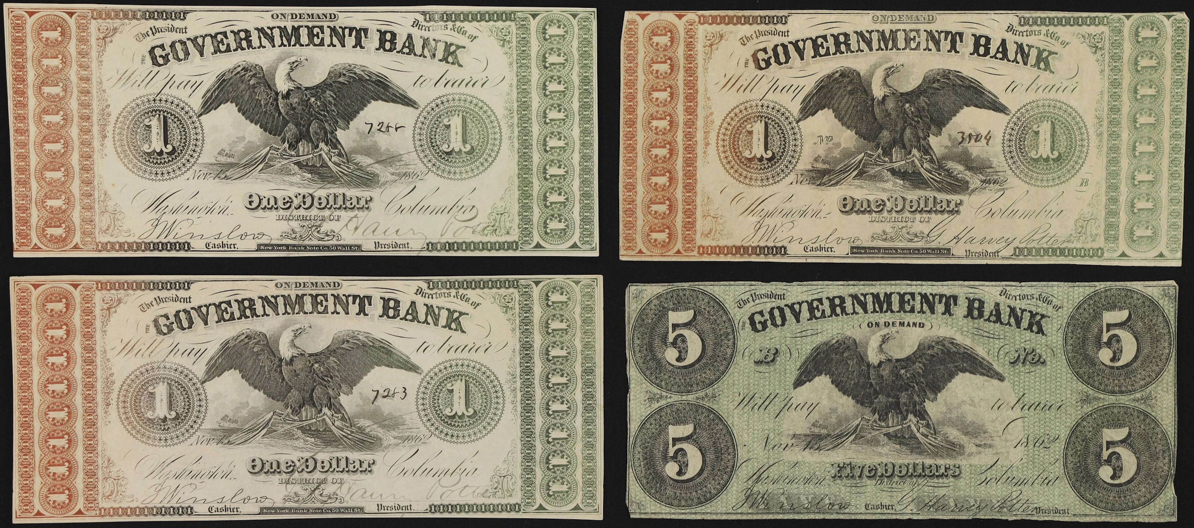 Lot of (4) Washington, District of Columbia. Government Bank. 1862