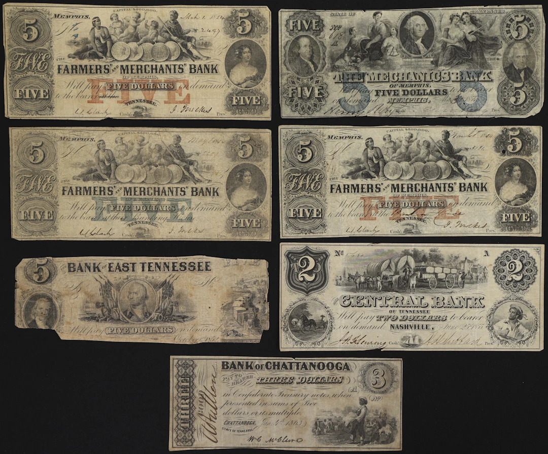 Lot of (7) Tennessee Obsoletes. Mixed Issuers. 1850s Mixed Denominations.