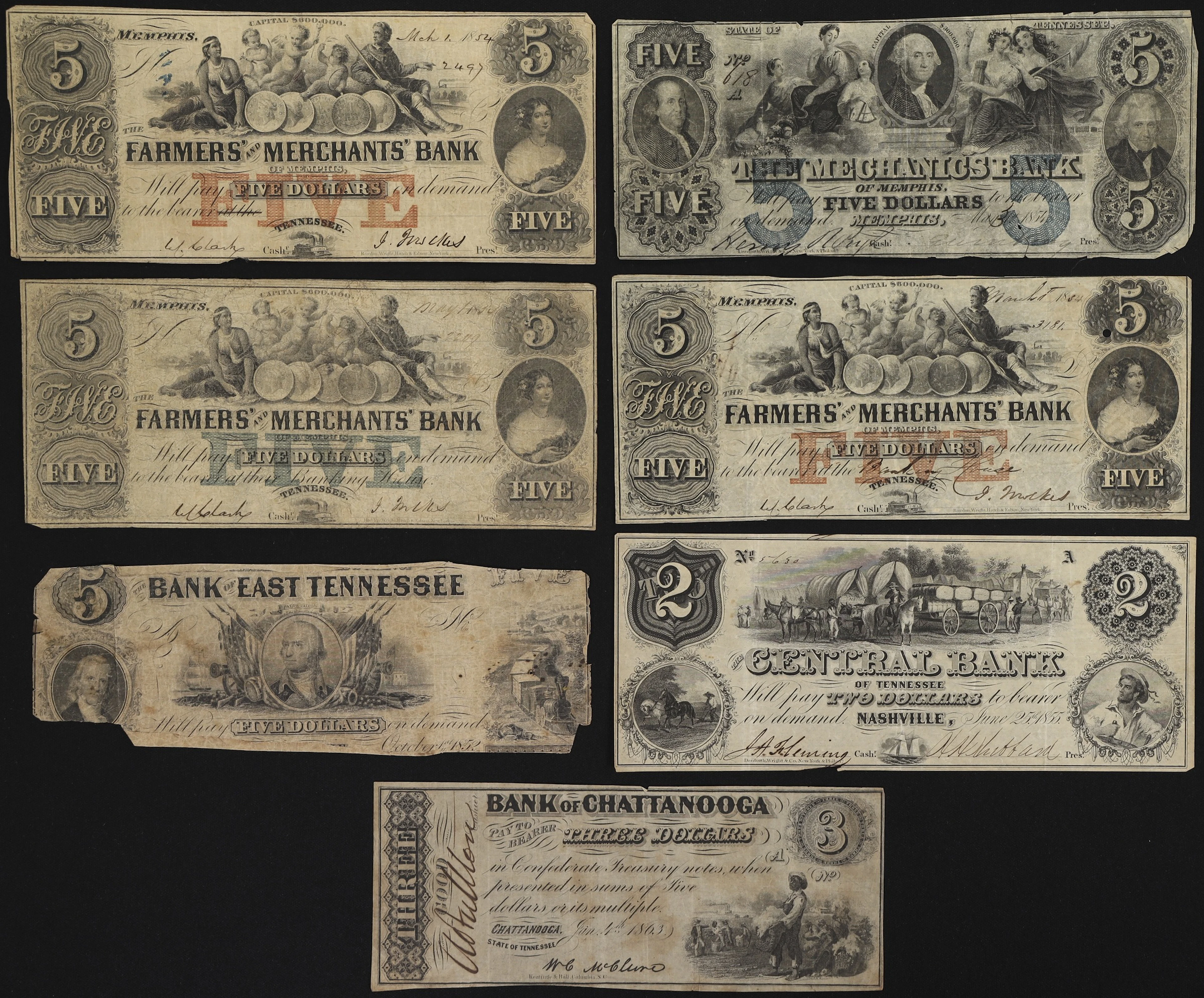 Lot of (7) Tennessee Obsoletes. Mixed Issuers. 1850s Mixed Denominations.