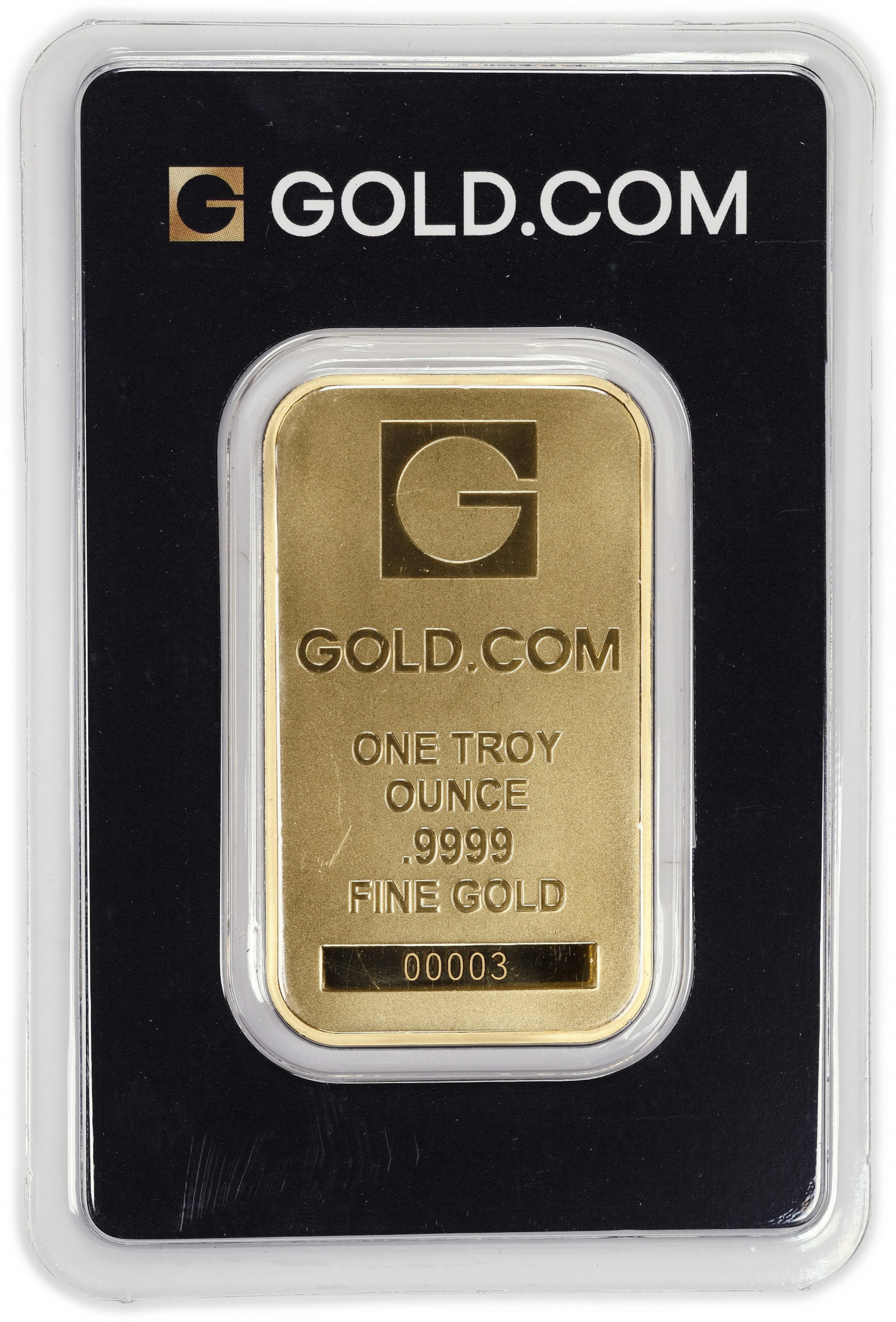 (1 oz, 31.104 g AGW). GOLD.COM 1 oz Gold Bar. Serial Number 00003.