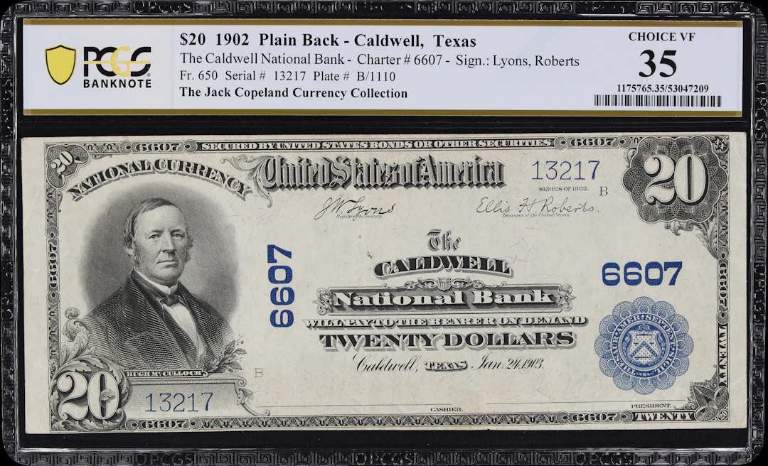 Caldwell, Texas. $20 1902 Plain Back. Fr. 650. Caldwell NB. Charter
