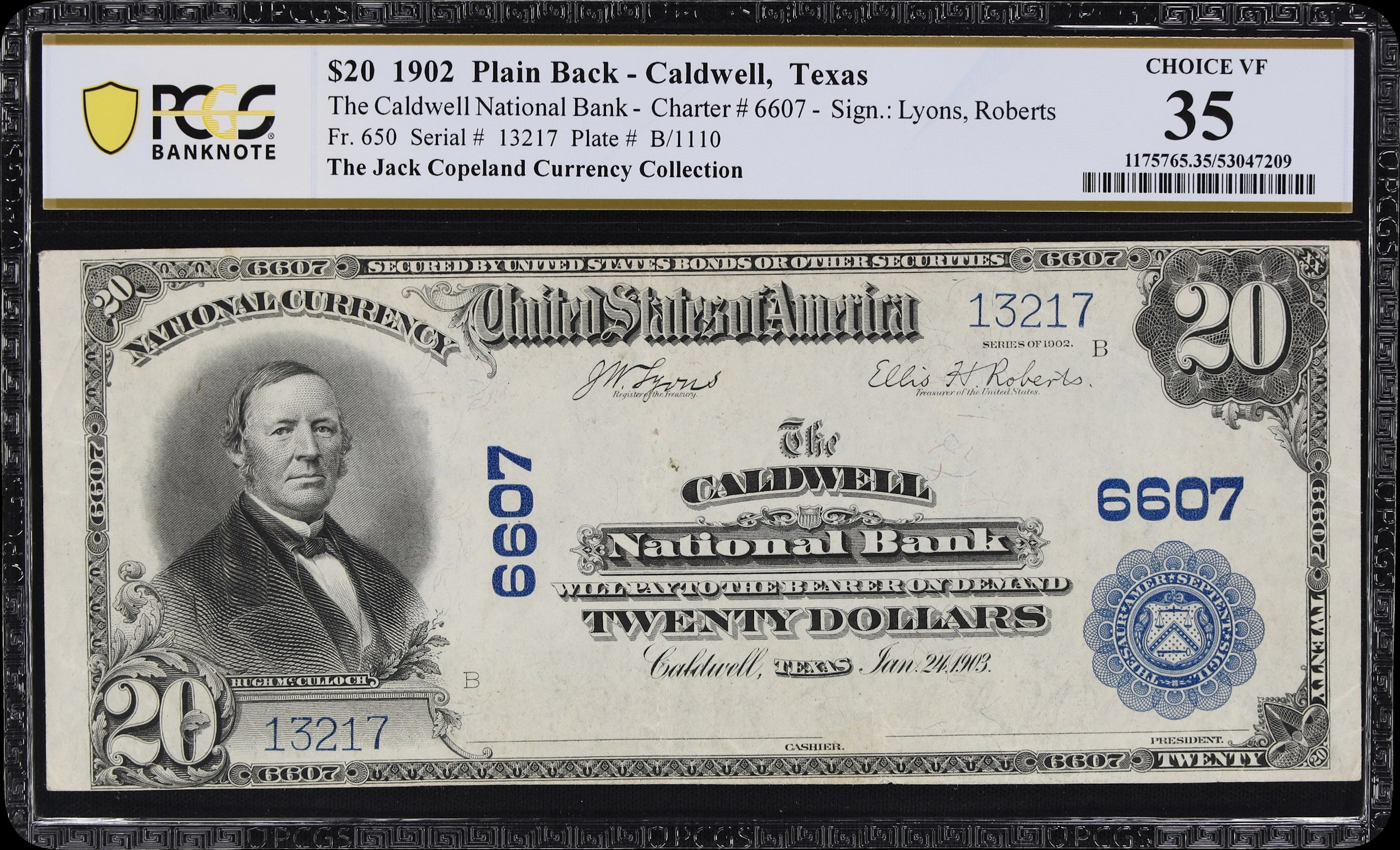 Caldwell, Texas. $20 1902 Plain Back. Fr. 650. Caldwell NB. Charter