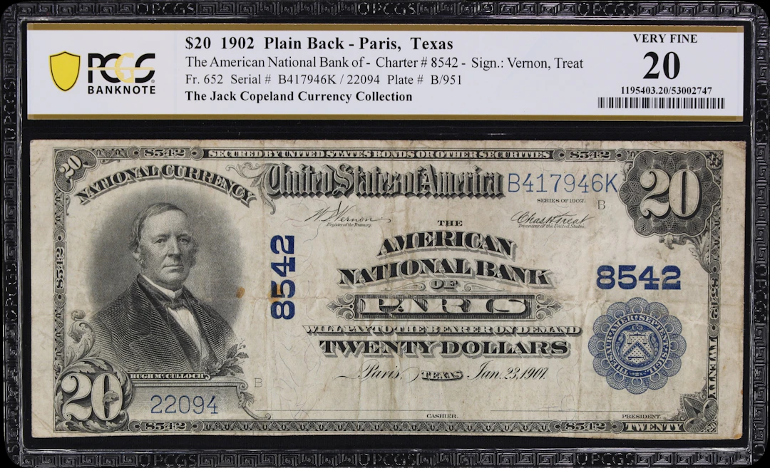 Paris, Texas. $20 1902 Plain Back. Fr. 652. American NB. Charter #8542.