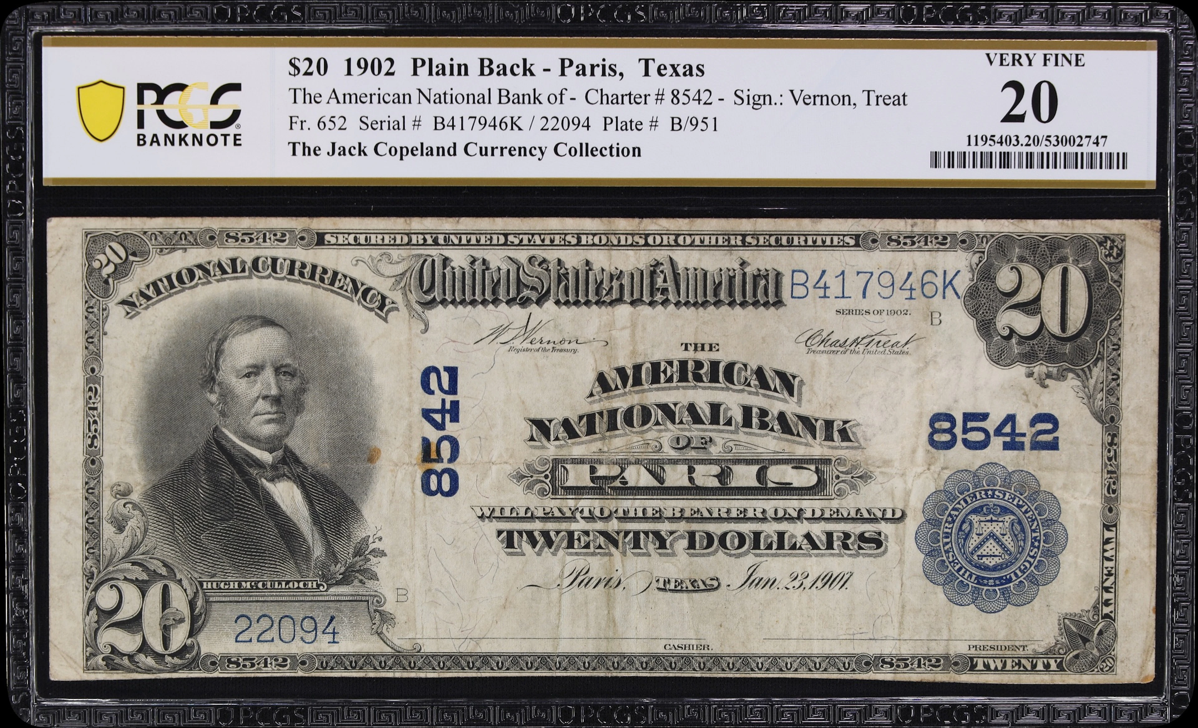 Paris, Texas. $20 1902 Plain Back. Fr. 652. American NB. Charter #8542.