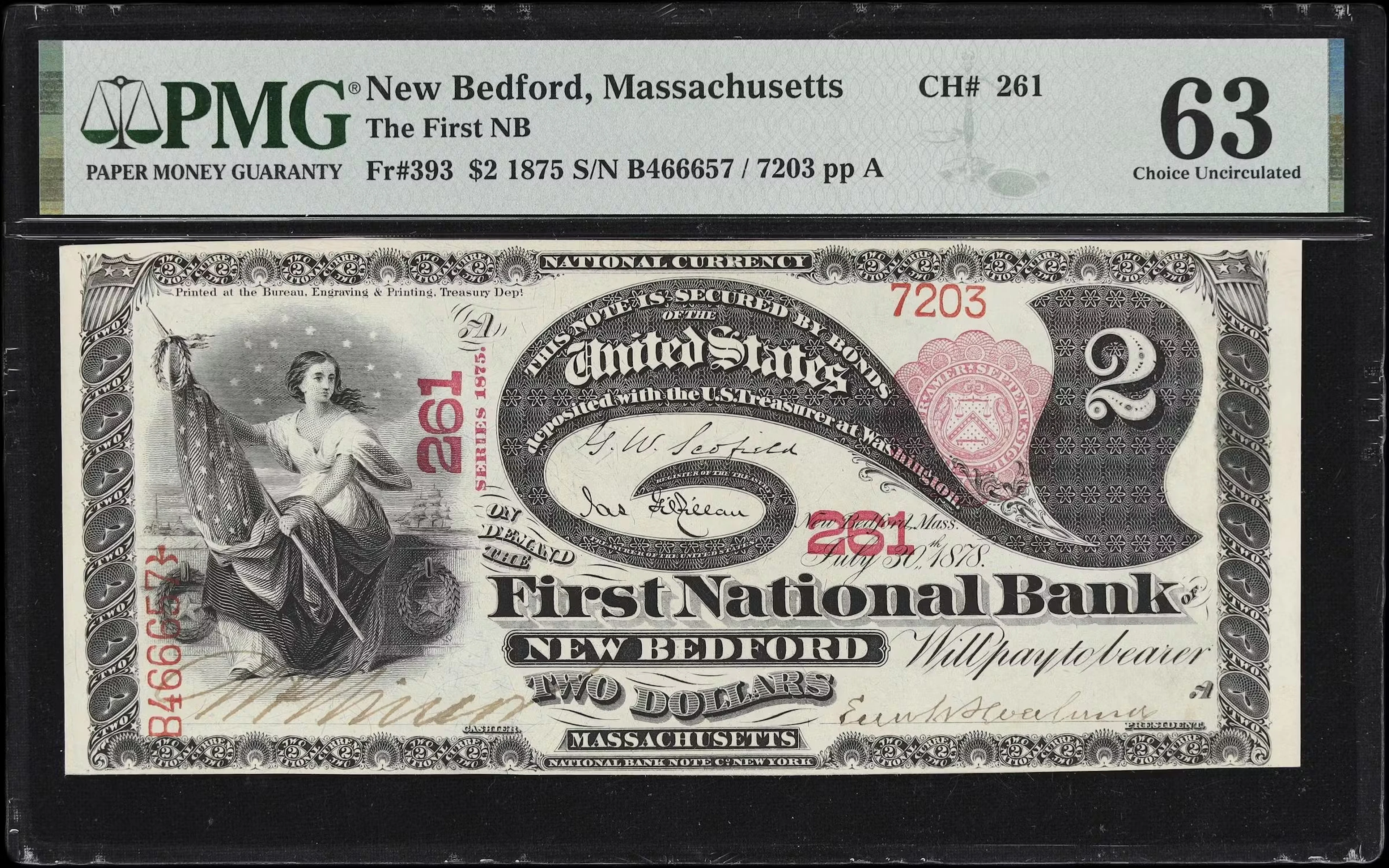 New Bedford, Massachusetts. $2 1875. Fr. 393. First NB. Charter #261.