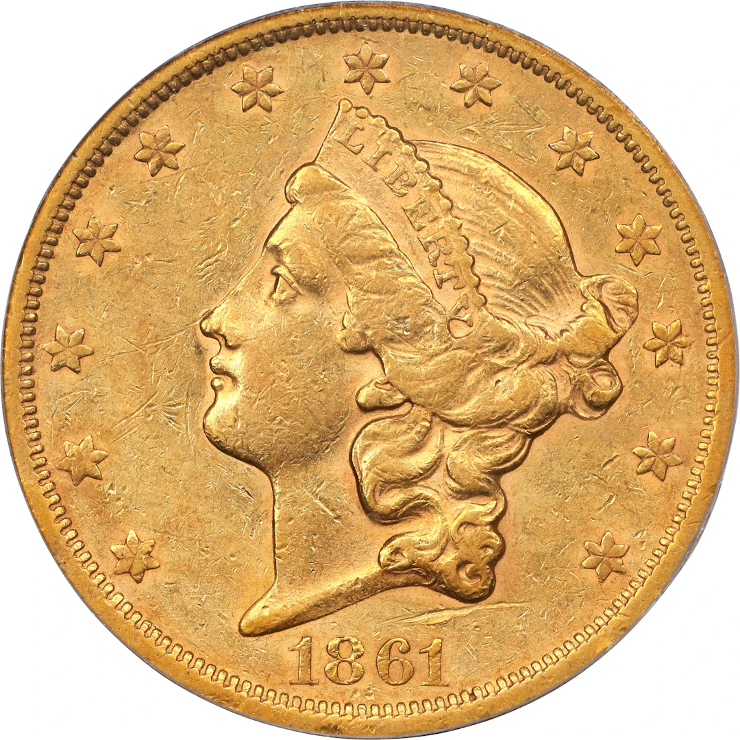 1861-S Liberty Head Double Eagle. A.C. Paquet Reverse. AU-53 (PCGS).