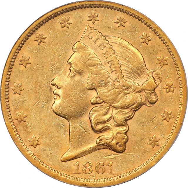 1861-S Liberty Head Double Eagle. A.C. Paquet Reverse. AU-53 (PCGS).
