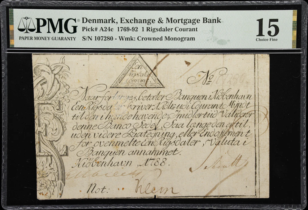 (◊) DENMARK. Exchange & Mortgage Bank. 1 Rigsdaler Courant, 1788.