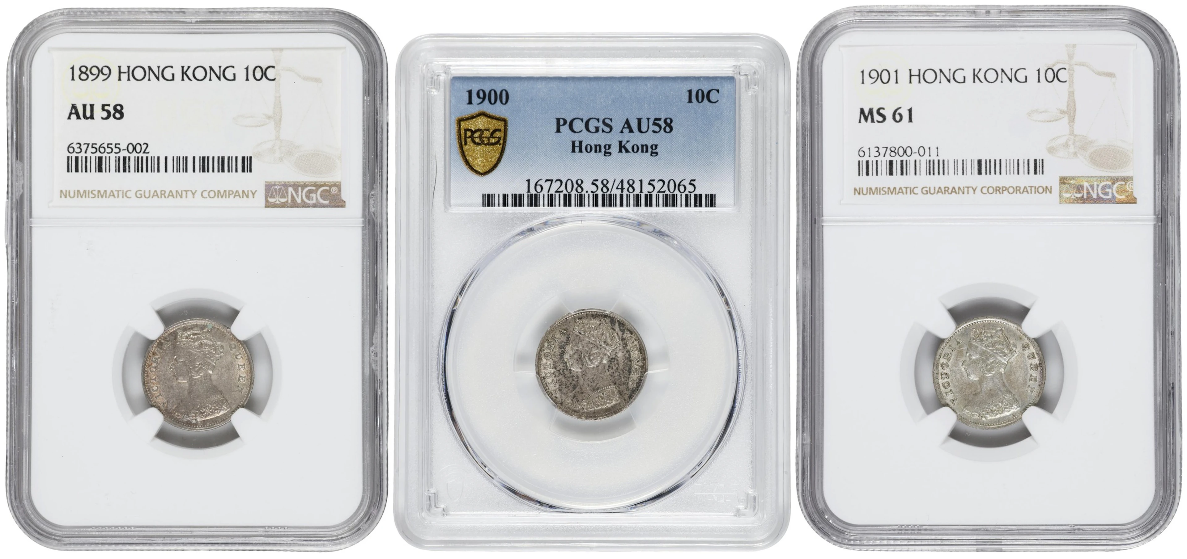 (t) HONG KONG (SAR). Trio of 10 Cents (3 Pieces), 1899-1901. London