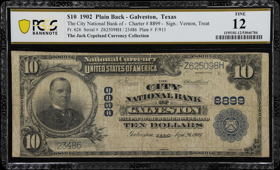 Galveston, Texas. $10 1902 Plain Back. Fr. 626. City NB. Charter #8899.