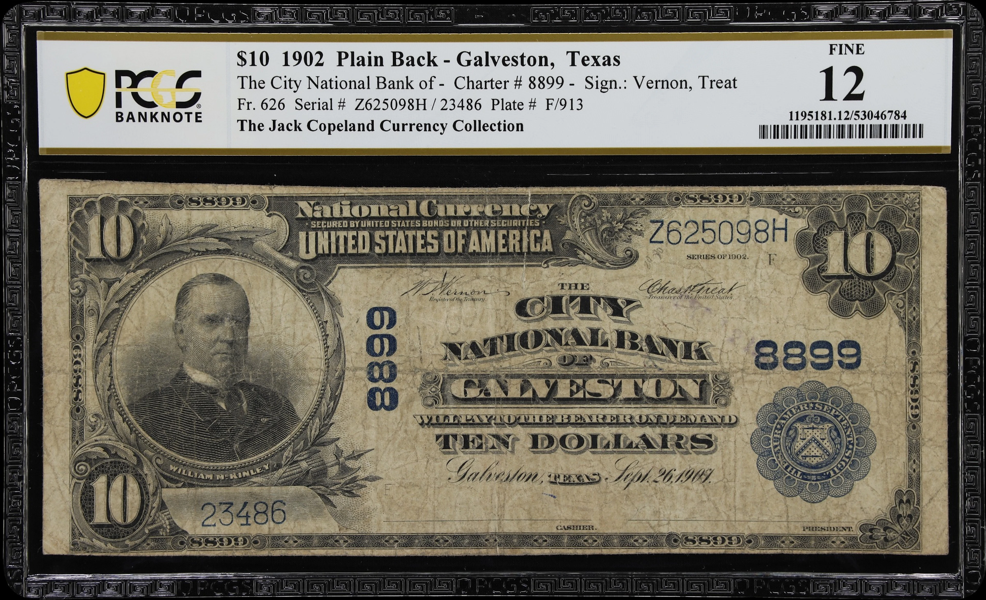 Galveston, Texas. $10 1902 Plain Back. Fr. 626. City NB. Charter #8899.