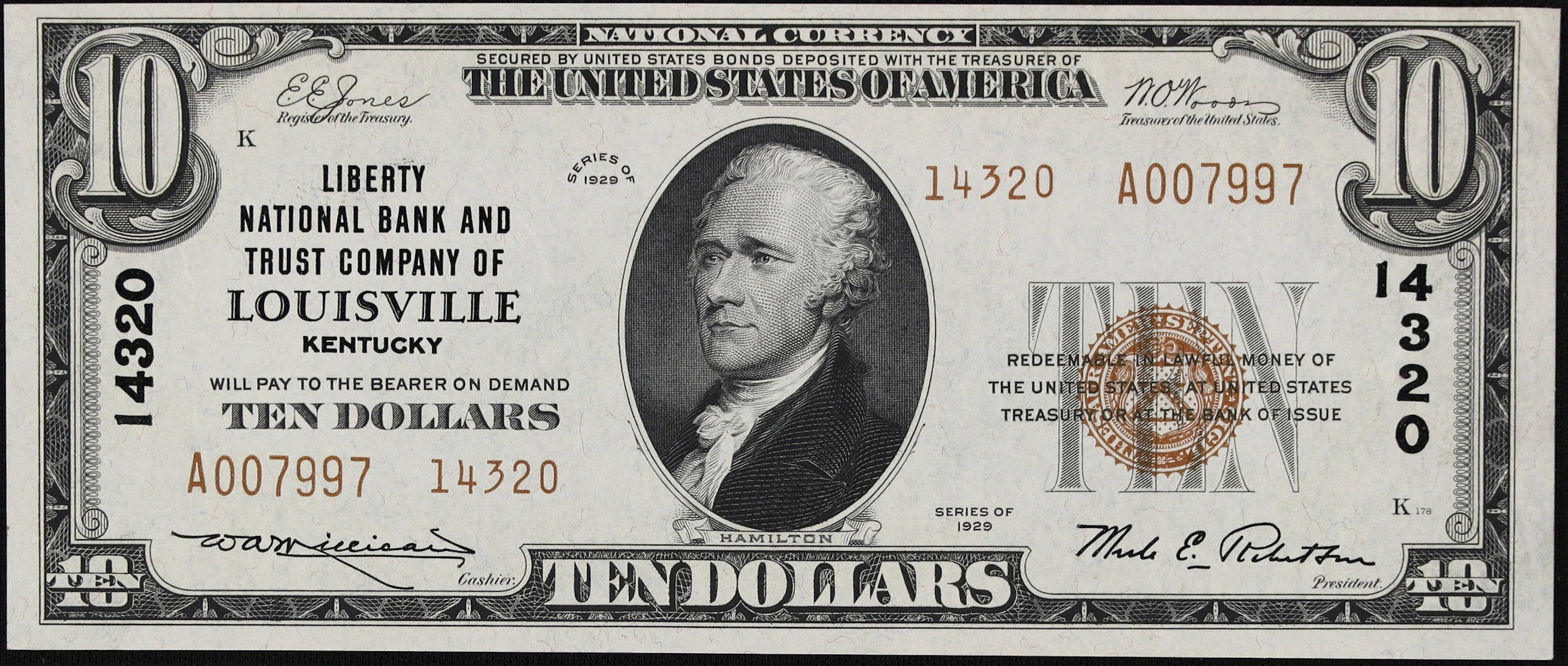Louisville, Kentucky. $10 1929 Ty. 2. Fr. 1801-2. Liberty NB & TC.