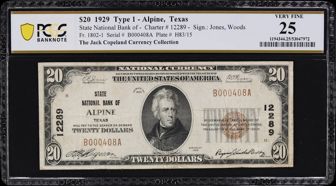 Alpine, Texas. $20 1929 Ty. 1. Fr. 1802-1. State NB. Charter #12289.