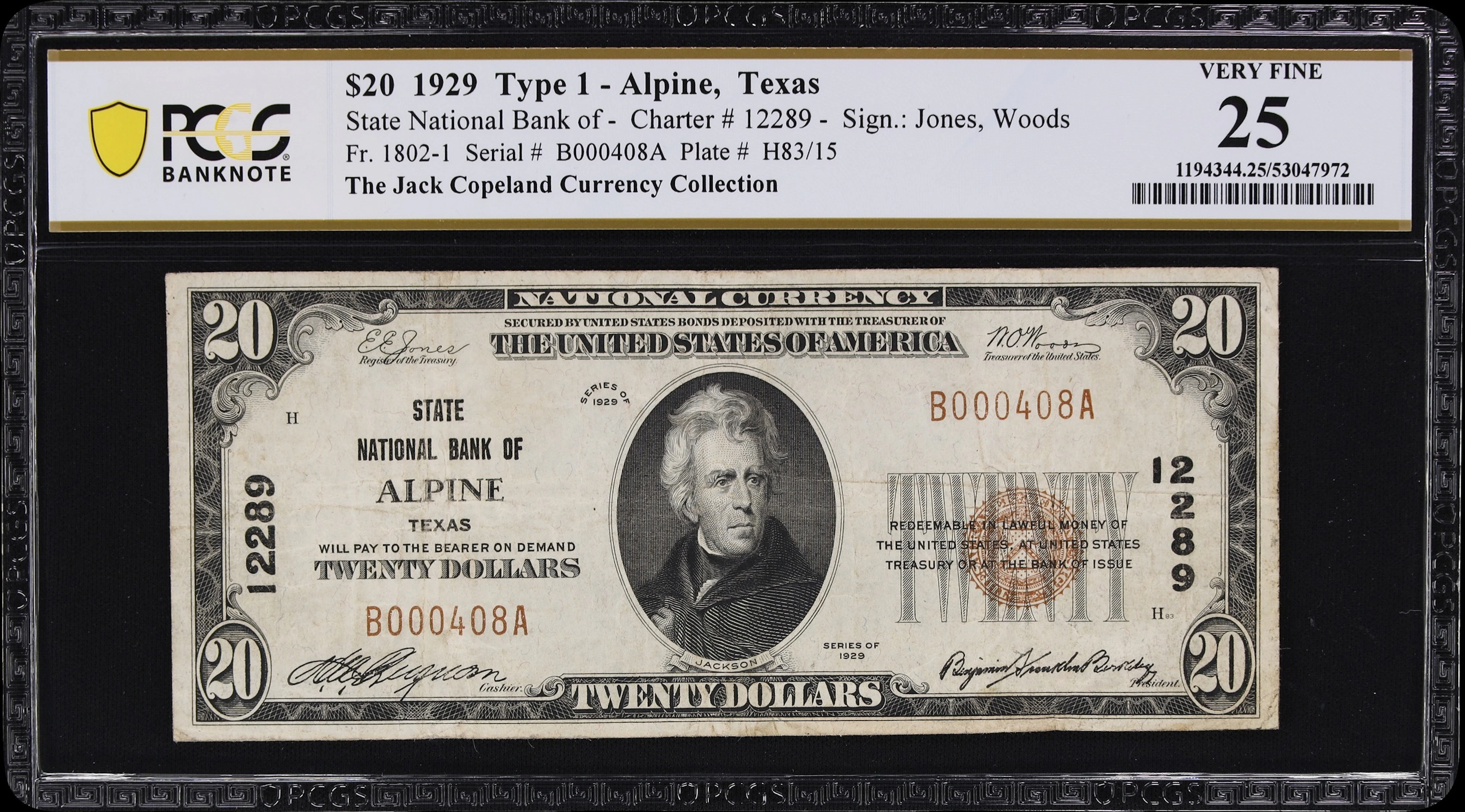 Alpine, Texas. $20 1929 Ty. 1. Fr. 1802-1. State NB. Charter #12289.
