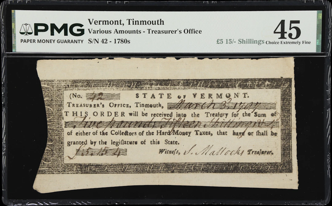 Tinmouth, Vermont. Treasurer's Office. March 3, 1787 5 Pounds, 15