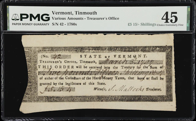 Tinmouth, Vermont. Treasurer's Office. March 3, 1787 5 Pounds, 15