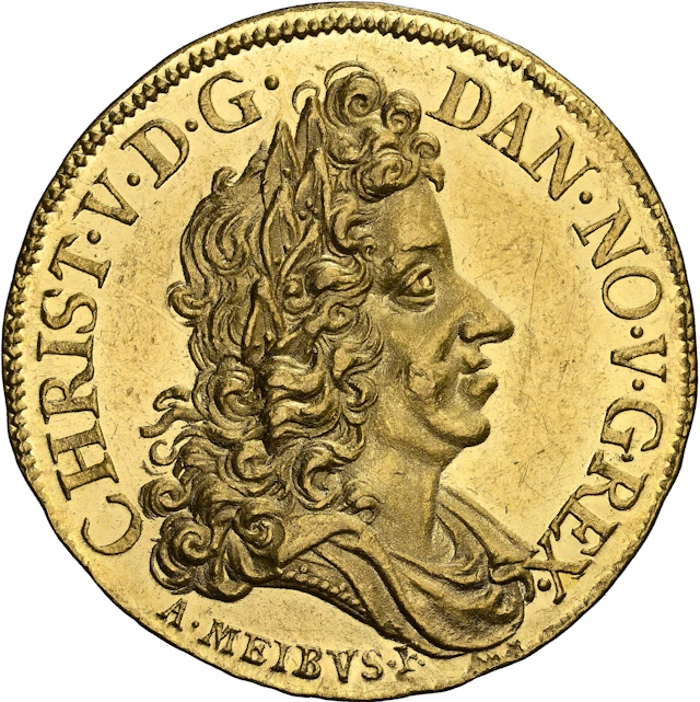 DENMARK. 2 Ducat, MDCXCII (1692). Copenhagen Mint. Christian V. NGC MS-62.