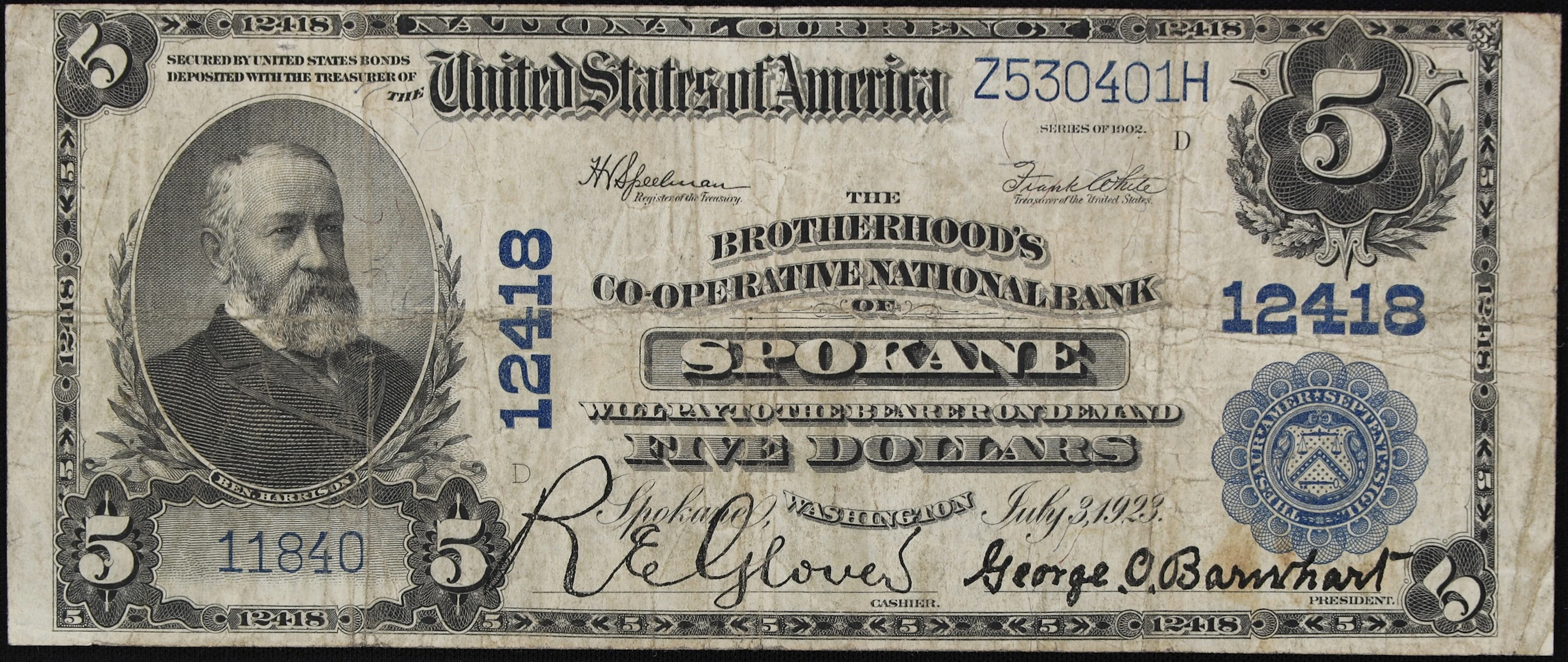 Spokane, Washington. $5 1902 Plain Back. Fr. 609. The Brotherhoods