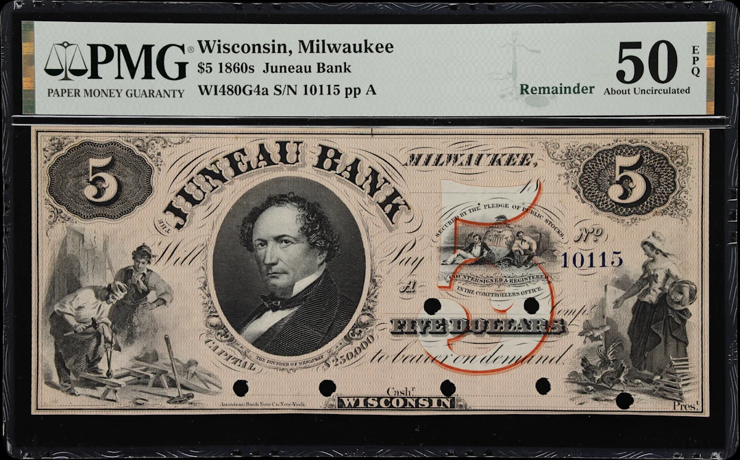 Milwaukee, Wisconsin. Juneau Bank. 18xx $5. PMG About Uncirculated