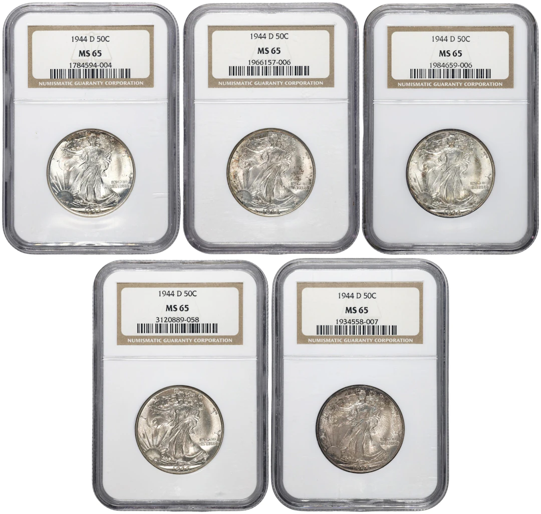 Lot of (5) 1944-D Walking Liberty Half Dollars. MS-65 (NGC).