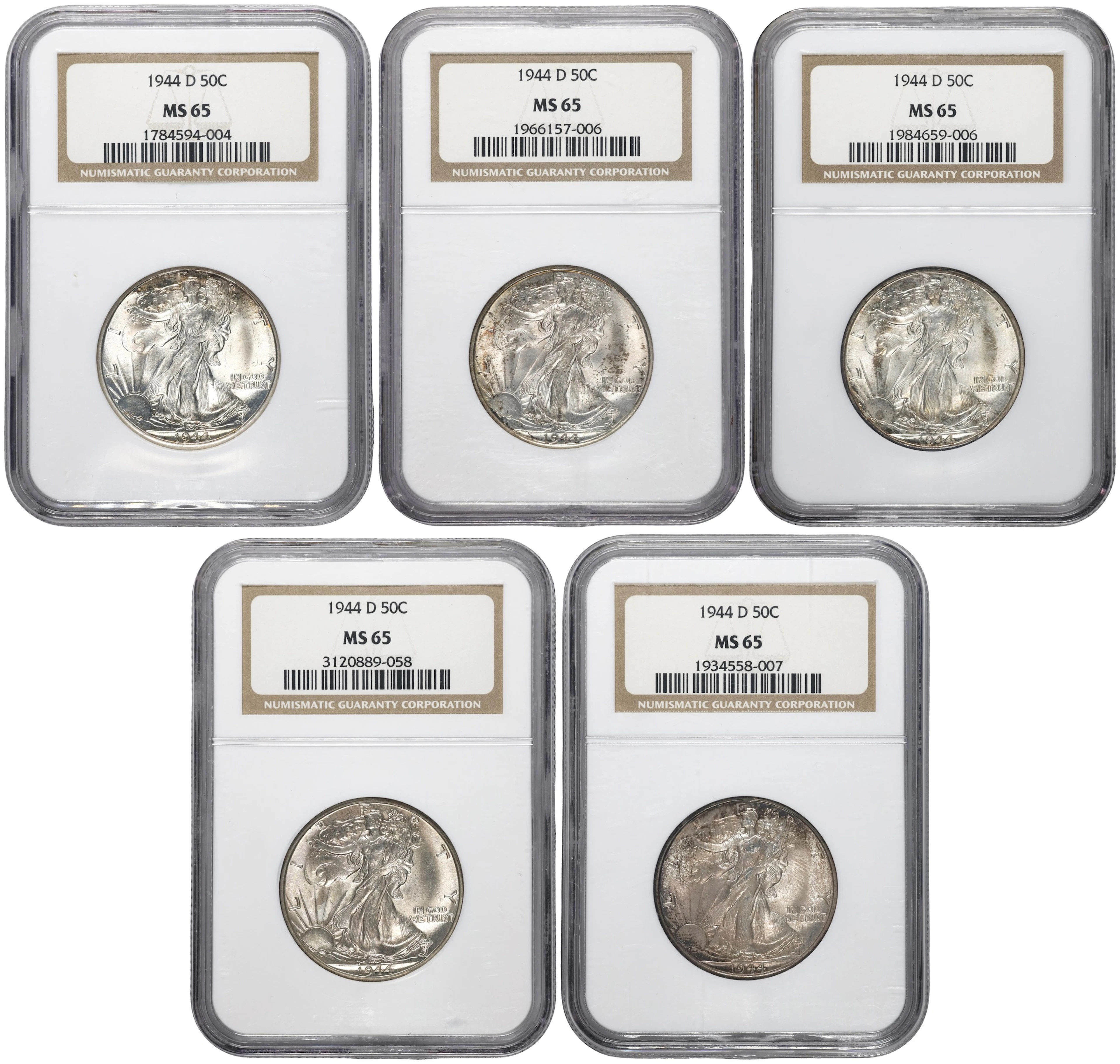 Lot of (5) 1944-D Walking Liberty Half Dollars. MS-65 (NGC).