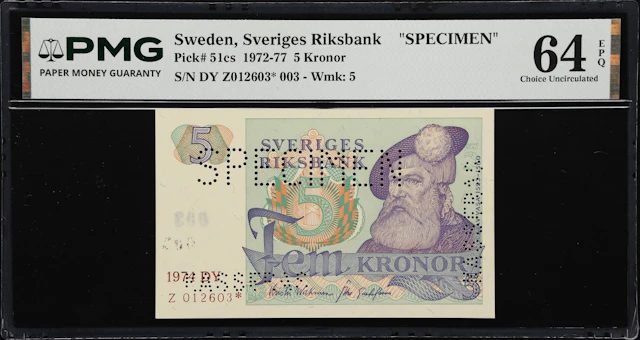(◊) SWEDEN. Sveriges Riksbank. 5 Kroner, 1974. P-51cs. Specimen. PMG