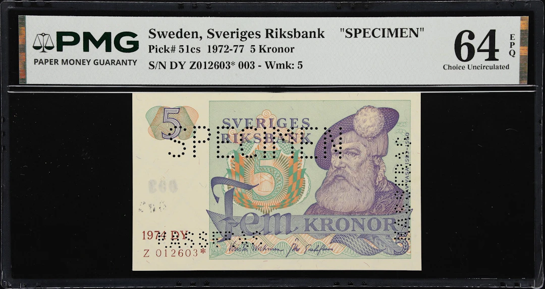 (◊) SWEDEN. Sveriges Riksbank. 5 Kroner, 1974. P-51cs. Specimen. PMG
