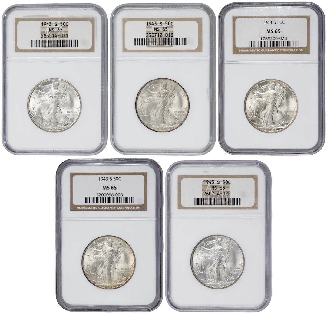 Lot of (5) 1943-S Walking Liberty Half Dollars. MS-65 (NGC).