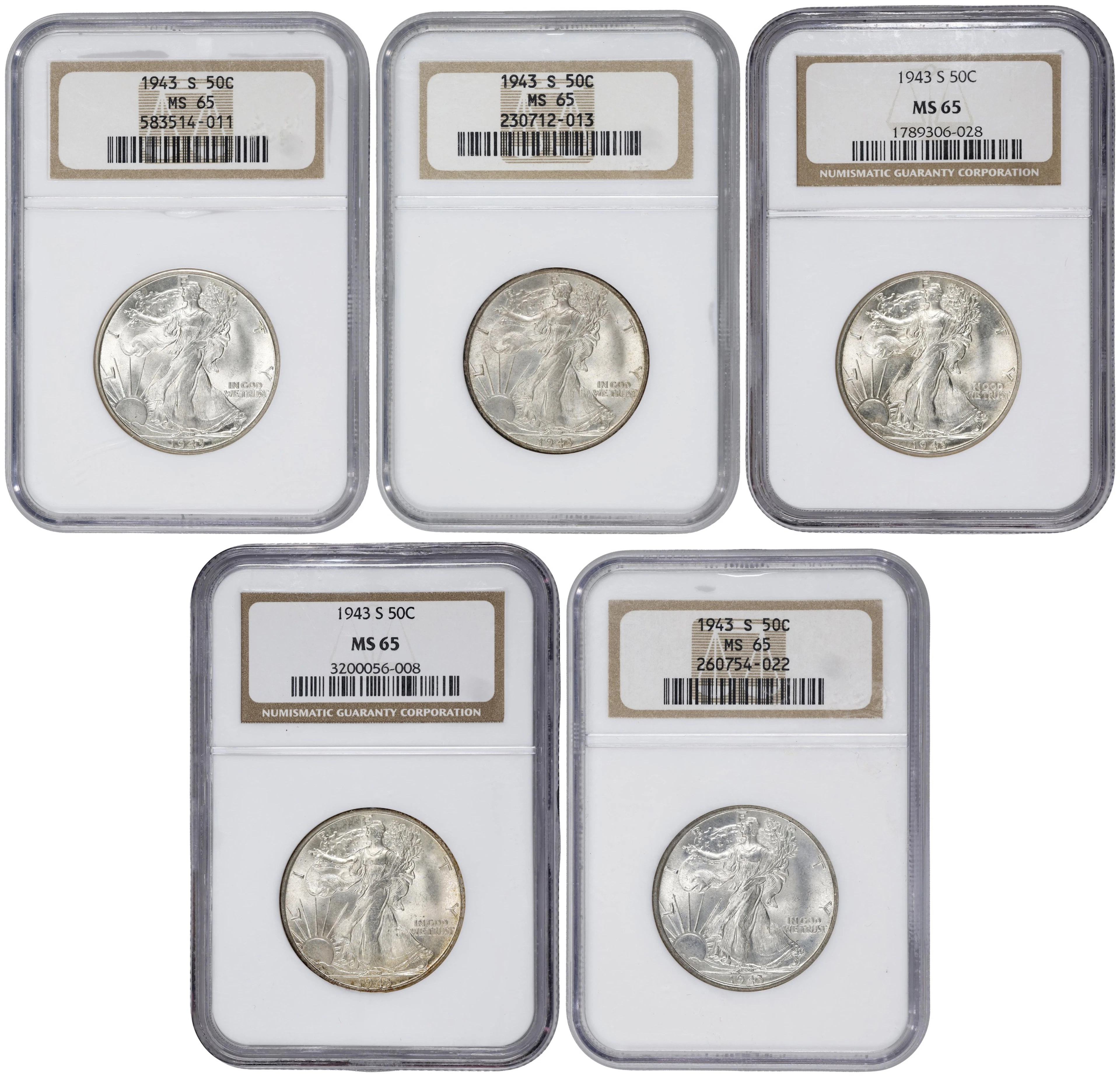 Lot of (5) 1943-S Walking Liberty Half Dollars. MS-65 (NGC).