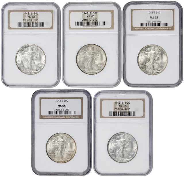 Lot of (5) 1943-S Walking Liberty Half Dollars. MS-65 (NGC).