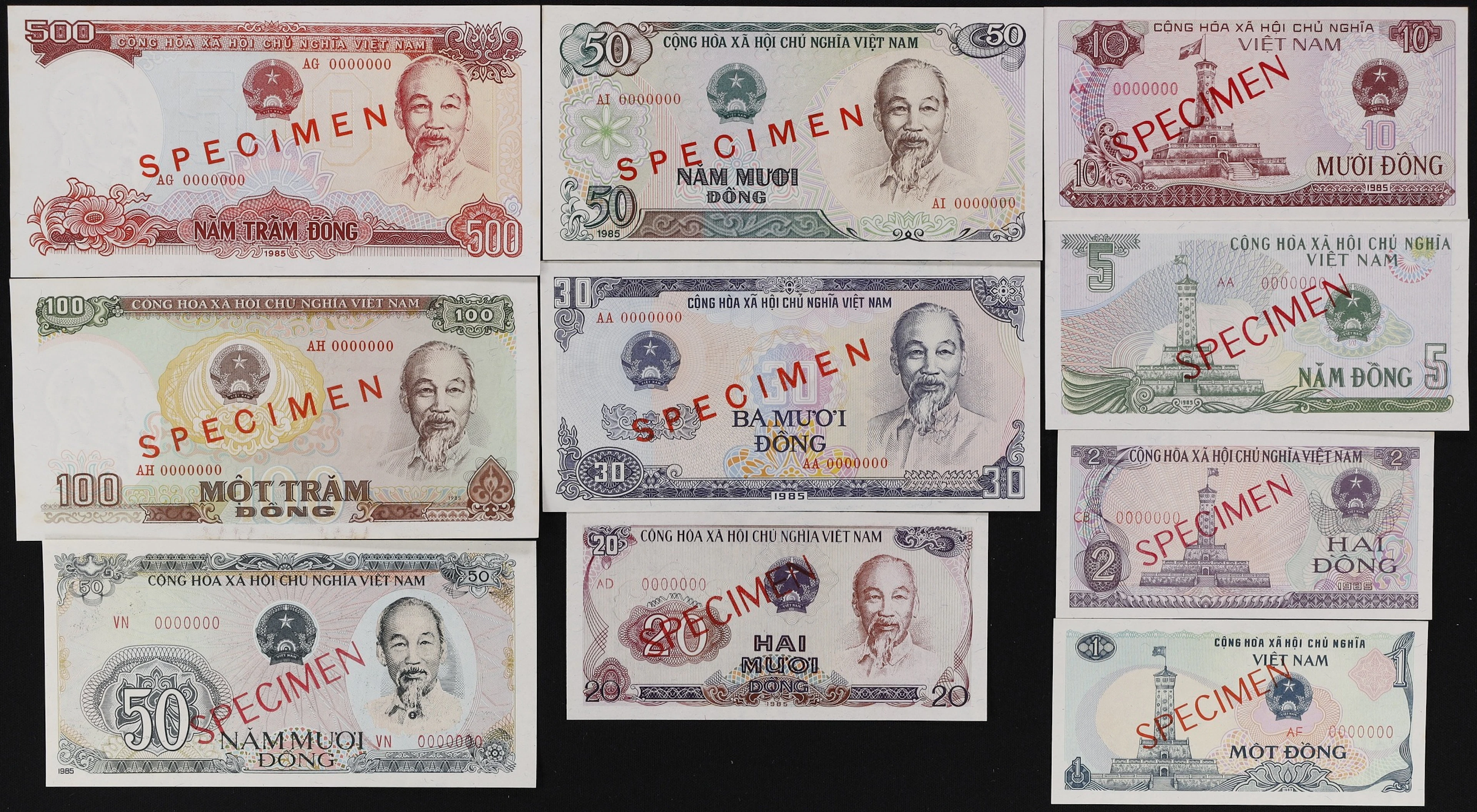 VIETNAM. Lot of (10). State Bank of Vietnam. 1 to 500 Dong, 1985.