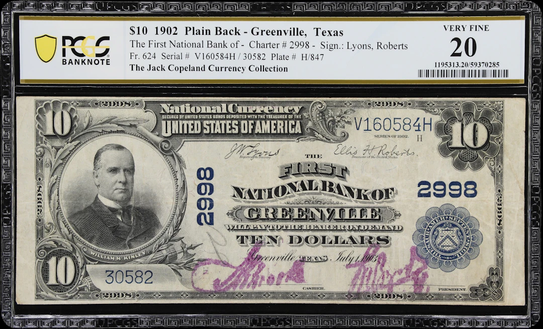 Greenville, Texas. $10 1902 Plain Back. Fr. 624. First NB. Charter