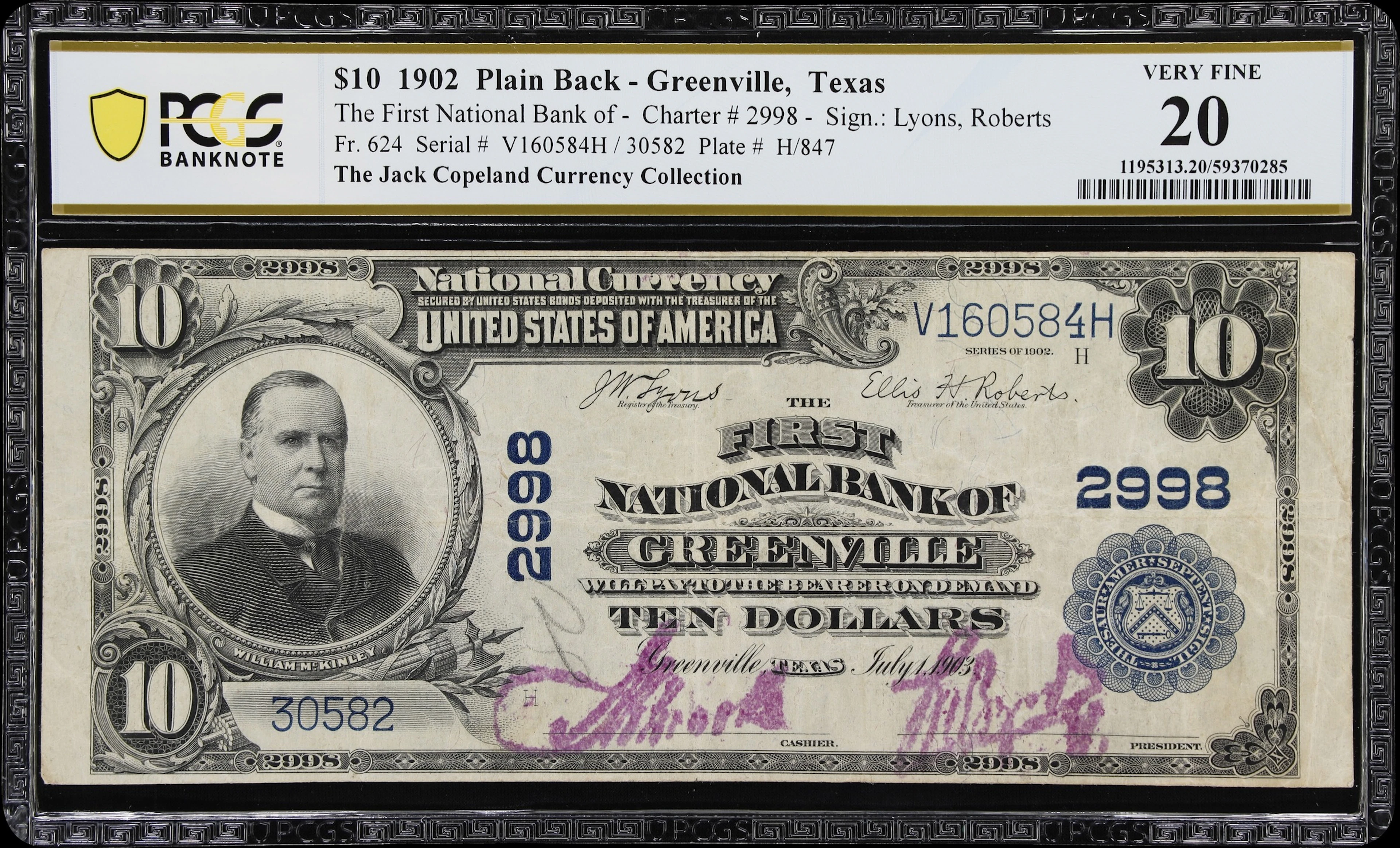 Greenville, Texas. $10 1902 Plain Back. Fr. 624. First NB. Charter