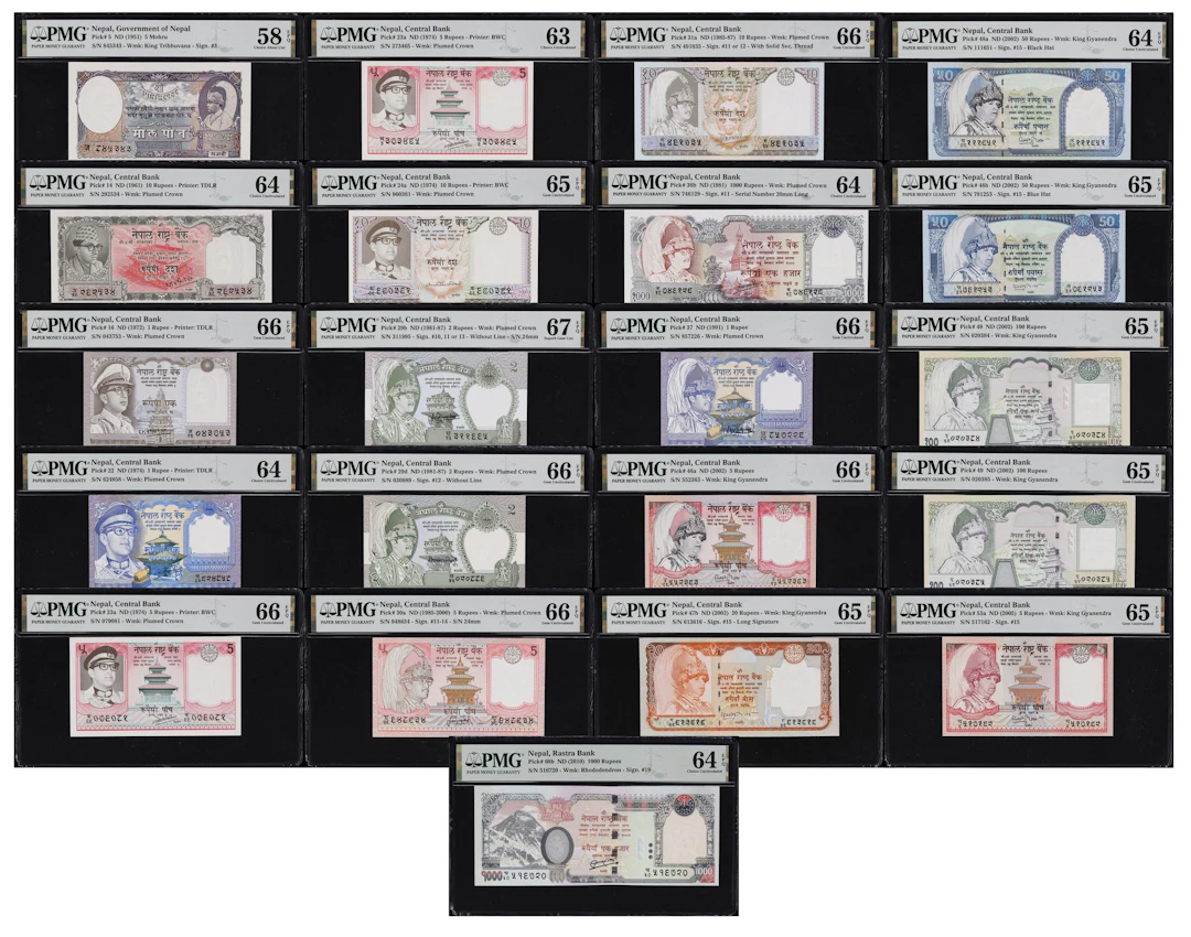 NEPAL. Lot of (21). Mixed Banks. 5 Mohru, 1, 2, 5, 10, 20, 50, 100