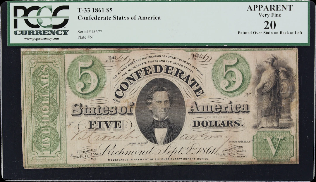 T-33. Confederate Currency. 1861 $5. PCGS Currency Very Fine 20 Apparent.