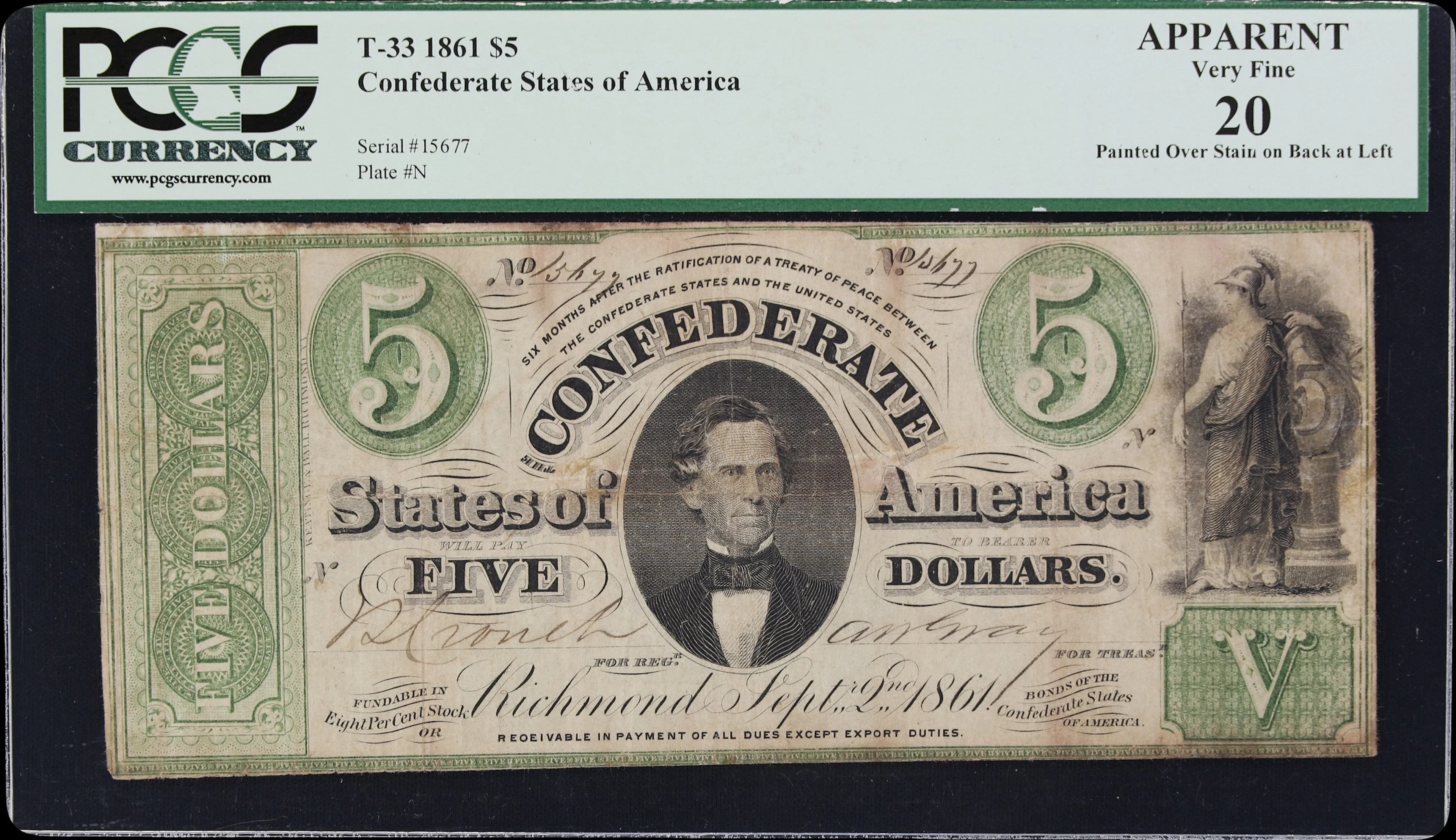 T-33. Confederate Currency. 1861 $5. PCGS Currency Very Fine 20 Apparent.