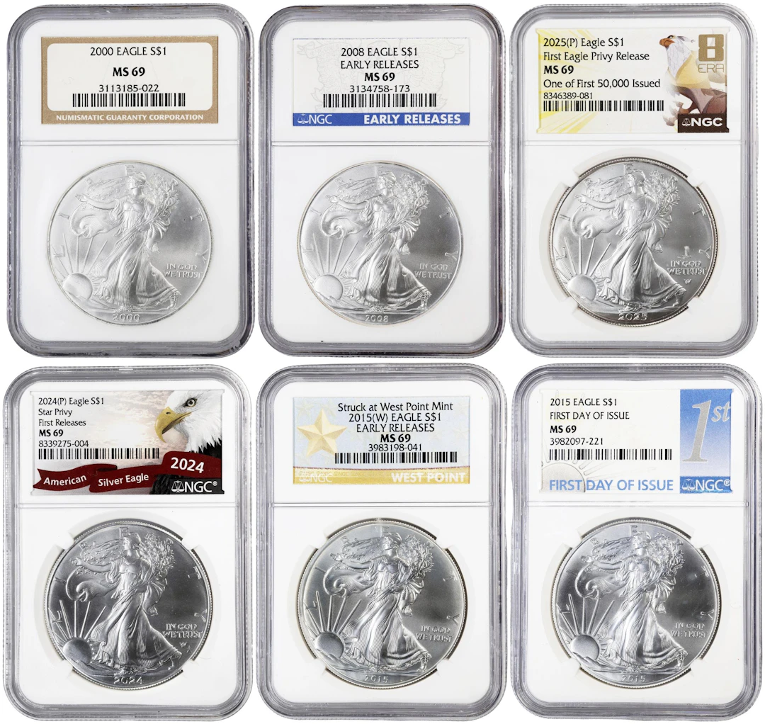 (6 oz, 186.624 g ASW). Lot of (6) Mixed Date American Silver Eagles.